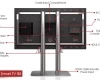 Rear view of a TV dual pedestal stand with labeled compartments in a smaller image.