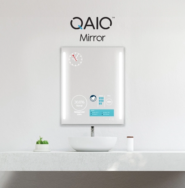 Customized high-tech bathroom mirror TV on a single sink.
