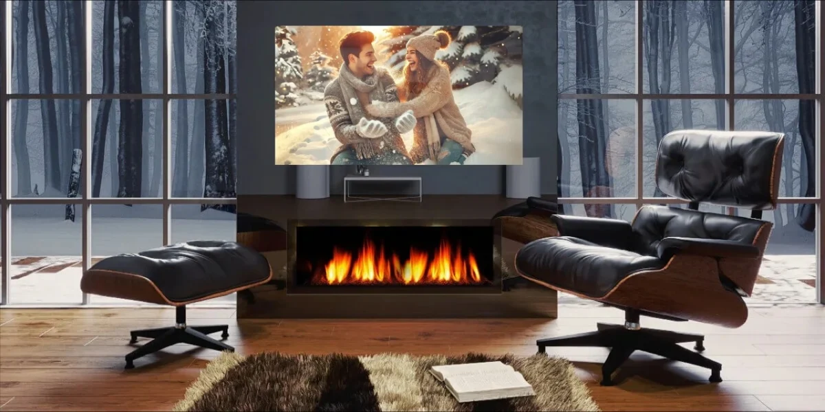Mirror TV above fireplace displaying a cozy winter couple scene, creating a warm Valentine's ambiance in a modern lounge.