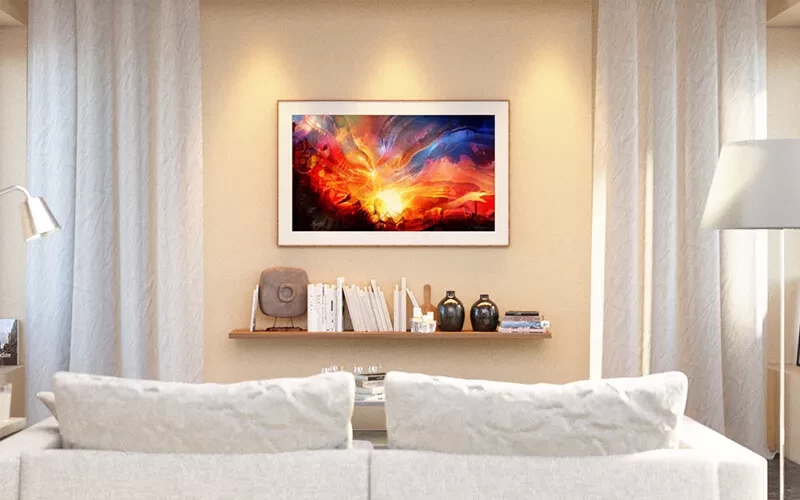 Vibrant modern artwork display on a smart TV in a cozy living room setup.